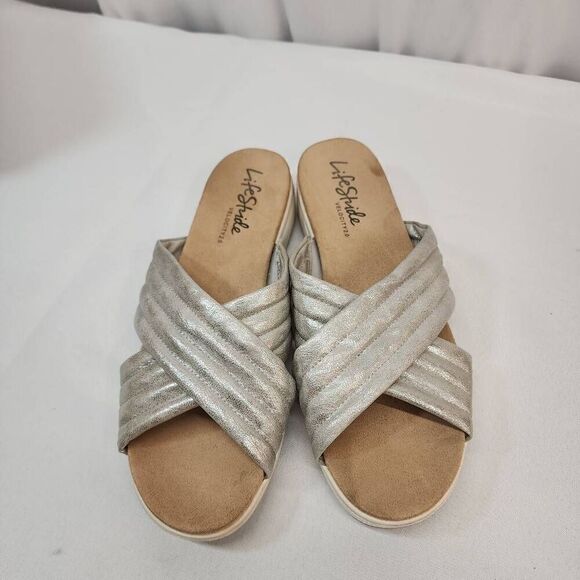 Life Stirde Size 10 Panama Metalic Silver Cross Strap Slide Comfy Sandals - Picture 5 of 7
